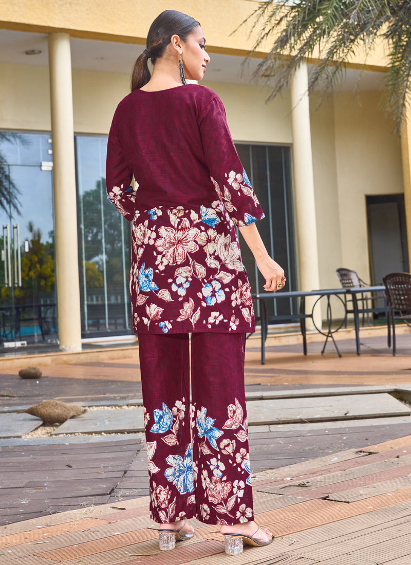 Prazu Fashion Maroon Pure Cotton Stylish Prints Co-Ords Set