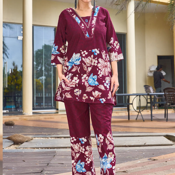 Prazu Fashion Maroon Pure Cotton Stylish Prints Co-Ords Set