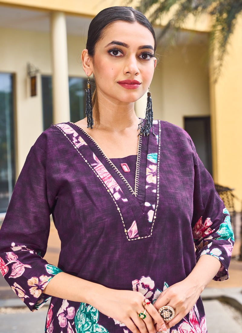 Prazu Fashion Purple Pure Cotton Stylish Prints Co-Ords Set