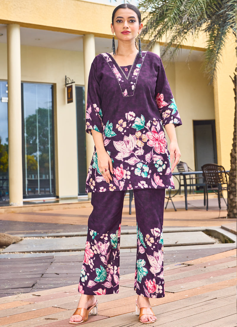 Prazu Fashion Purple Pure Cotton Stylish Prints Co-Ords Set