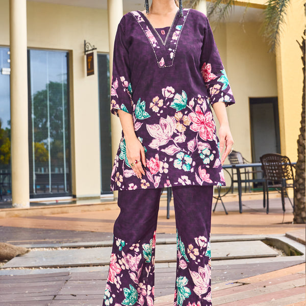 Prazu Fashion Purple Pure Cotton Stylish Prints Co-Ords Set