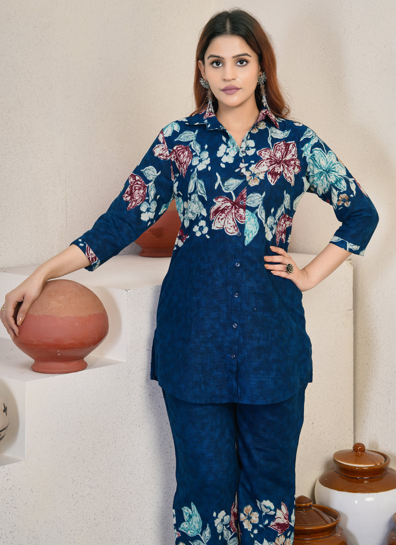 Prazu Fashion Blue Pure Cotton Stylish Prints Co-Ords Set