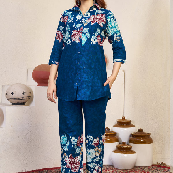 Prazu Fashion Blue Pure Cotton Stylish Prints Co-Ords Set
