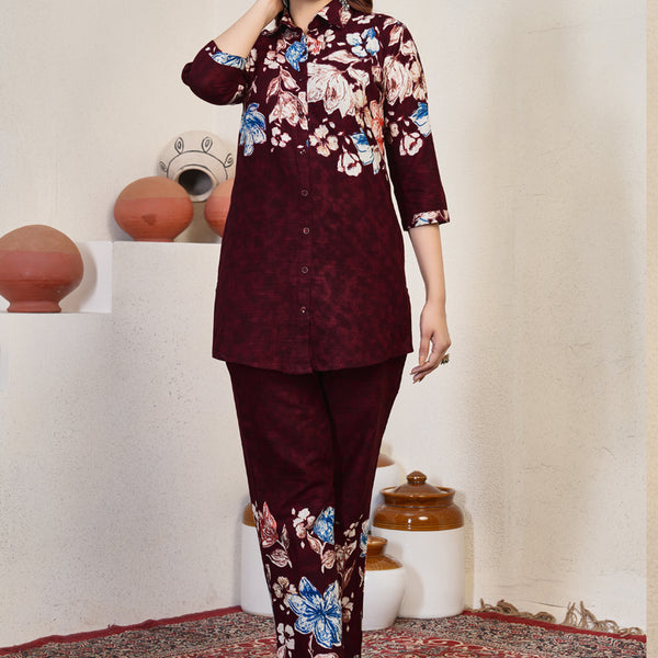 Prazu Fashion Maroon Pure Cotton Stylish Prints Co-Ords Set