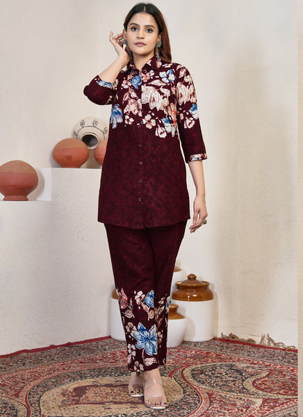 Prazu Fashion Maroon Pure Cotton Stylish Prints Co-Ords Set