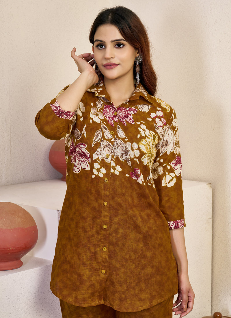 Prazu Fashion Mustard Pure Cotton Stylish Prints Co-Ords Set