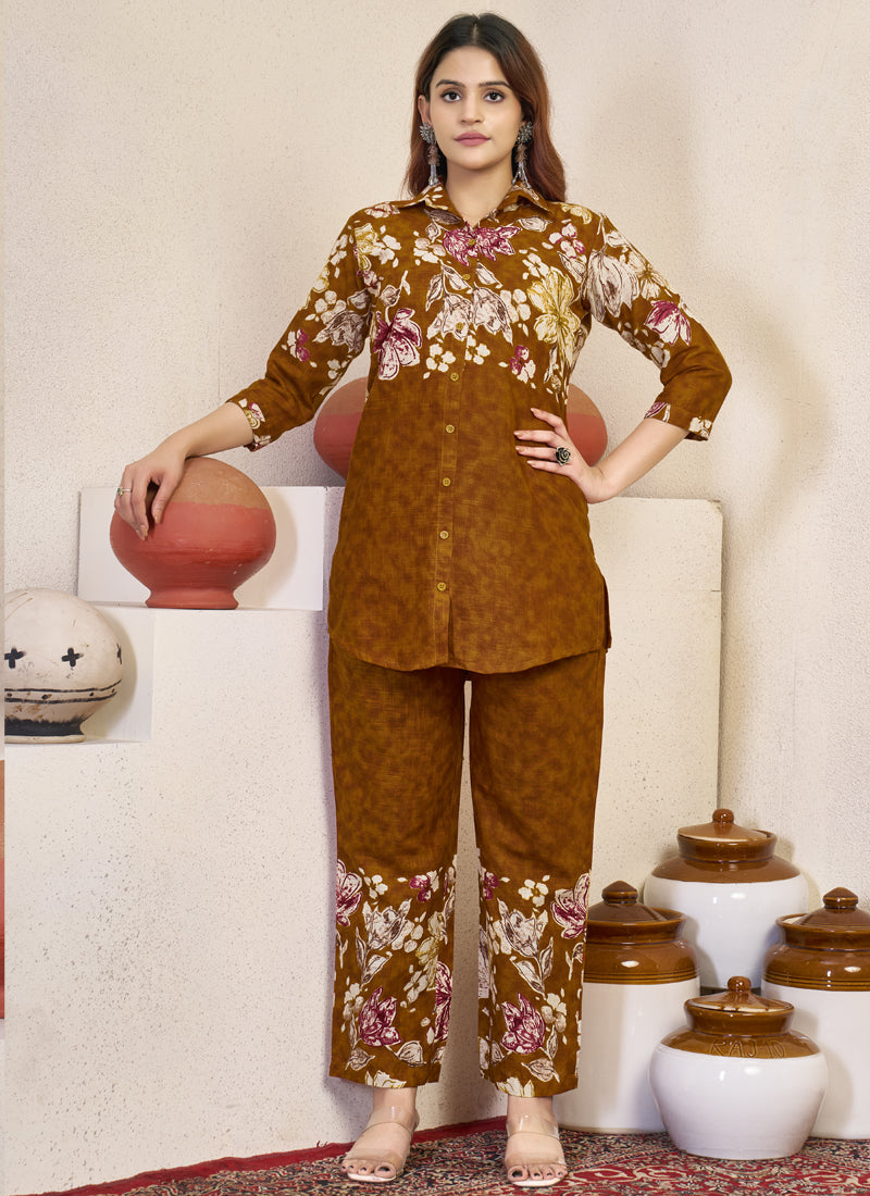 Prazu Fashion Mustard Pure Cotton Stylish Prints Co-Ords Set