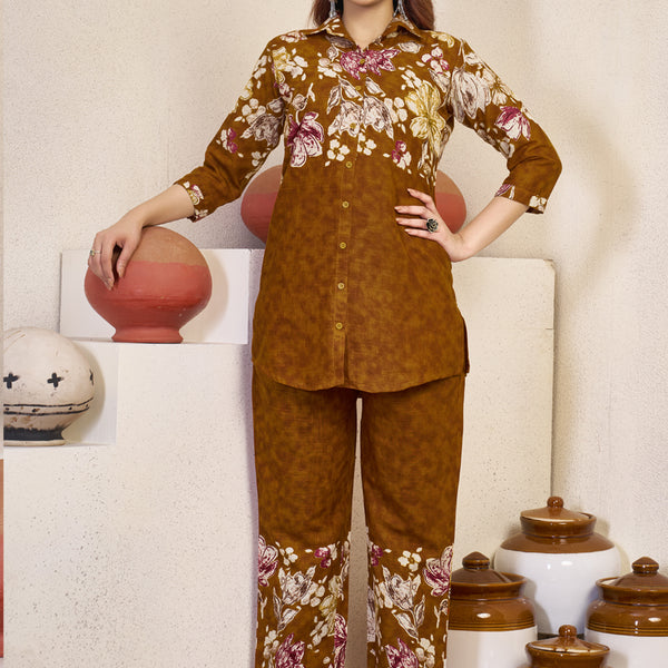 Prazu Fashion Mustard Pure Cotton Stylish Prints Co-Ords Set