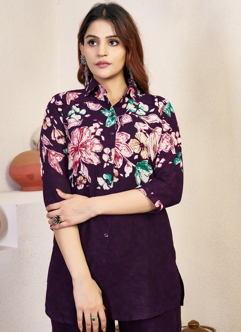 Prazu Fashion Violet Pure Cotton Stylish Prints Co-Ords Set