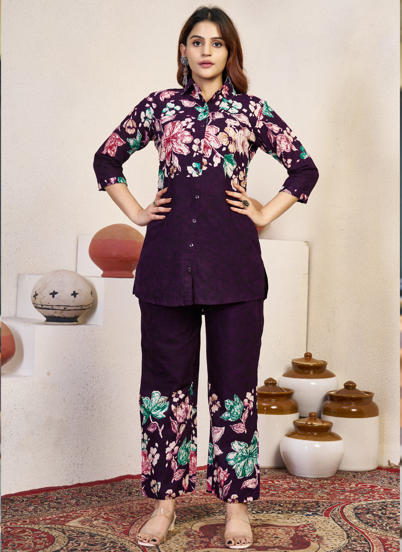 Prazu Fashion Violet Pure Cotton Stylish Prints Co-Ords Set