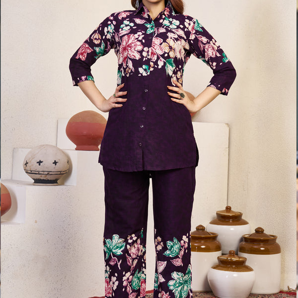 Prazu Fashion Violet Pure Cotton Stylish Prints Co-Ords Set