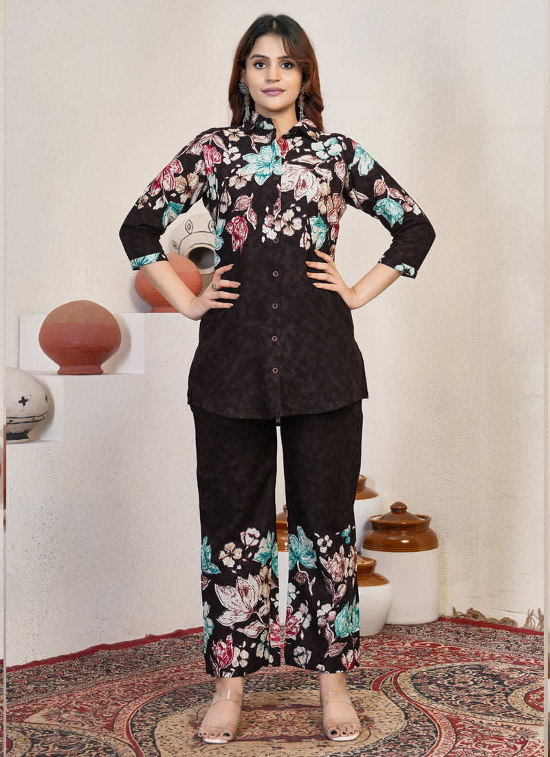 Prazu Fashion Wine Pure Cotton Stylish Prints Co-Ords Set