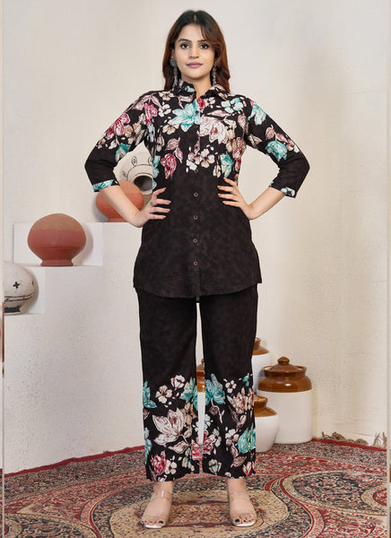 Prazu Fashion Wine Pure Cotton Stylish Prints Co-Ords Set