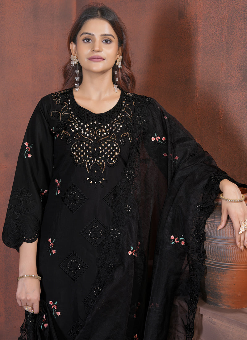 Prazu Fashion Black Viscose Roman Silk Embroidered Sequence Work Kurta Set