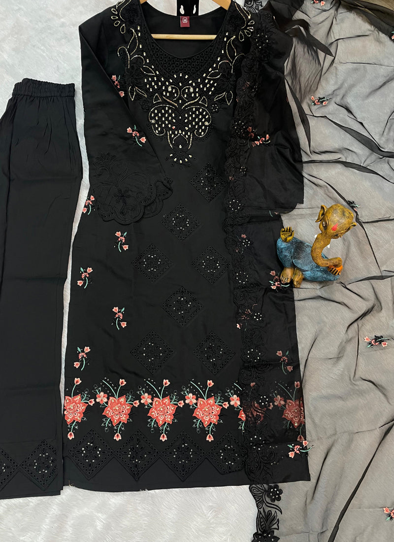 Prazu Fashion Black Viscose Roman Silk Embroidered Sequence Work Kurta Set
