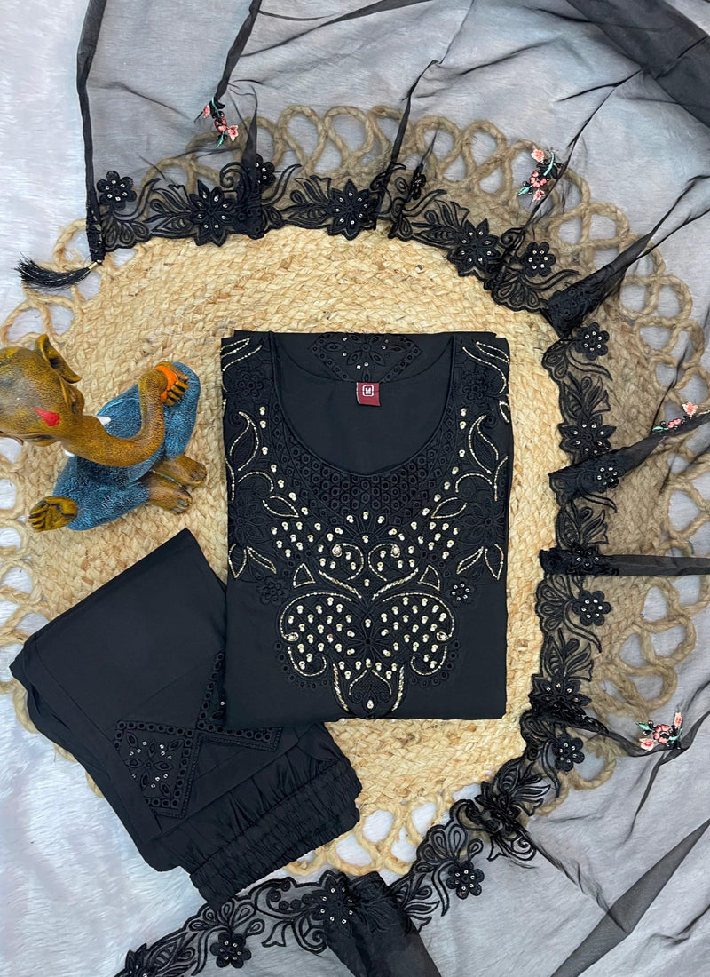 Prazu Fashion Black Viscose Roman Silk Embroidered Sequence Work Kurta Set