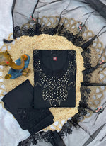 Thumbnail for Prazu Fashion Black Viscose Roman Silk Embroidered Sequence Work Kurta Set