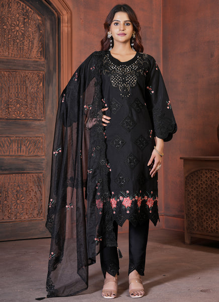 Prazu Fashion Black Viscose Roman Silk Embroidered Sequence Work Kurta Set