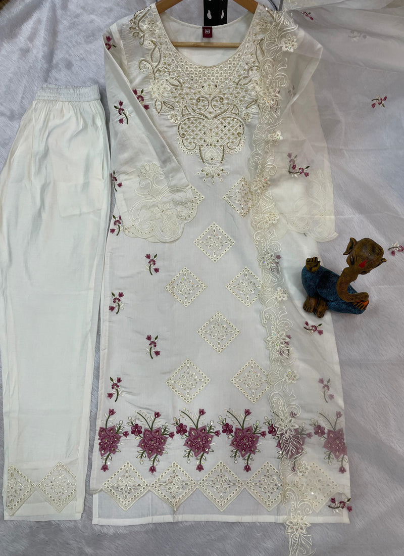 Prazu Fashion White Viscose Roman Silk Embroidered Sequence Work Kurta Set