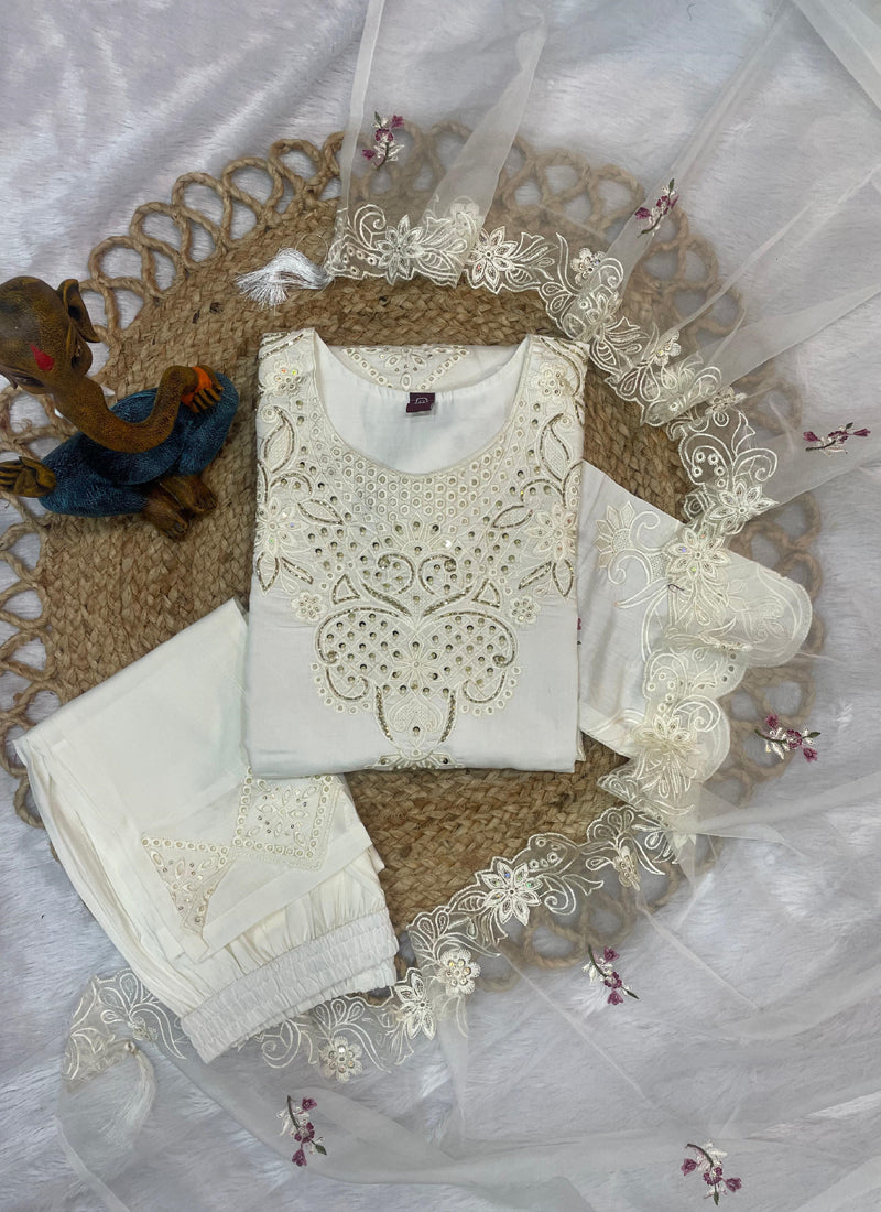 Prazu Fashion White Viscose Roman Silk Embroidered Sequence Work Kurta Set