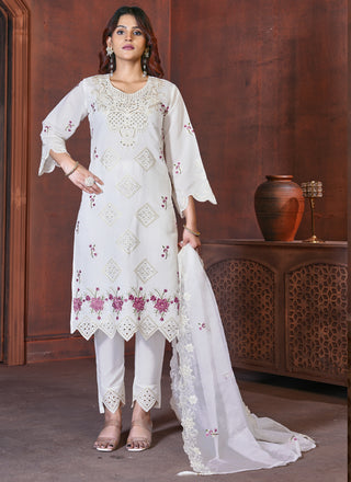Prazu Fashion White Viscose Roman Silk Embroidered Sequence Work Kurta Set