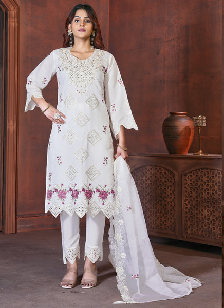 Prazu Fashion White Viscose Roman Silk Embroidered Sequence Work Kurta Set