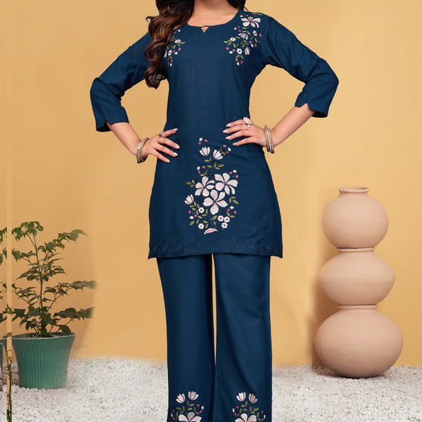 Prazu Fashion Blue Rayon Embroidery Thread Work Co-Ords Set