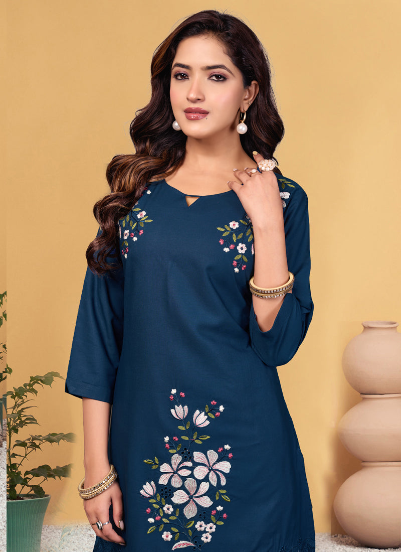 Prazu Fashion Blue Rayon Embroidery Thread Work Co-Ords Set