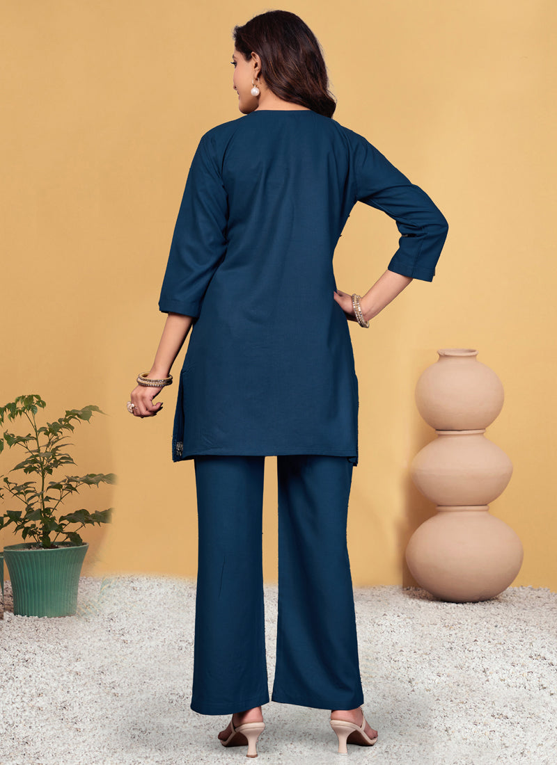 Prazu Fashion Blue Rayon Embroidery Thread Work Co-Ords Set