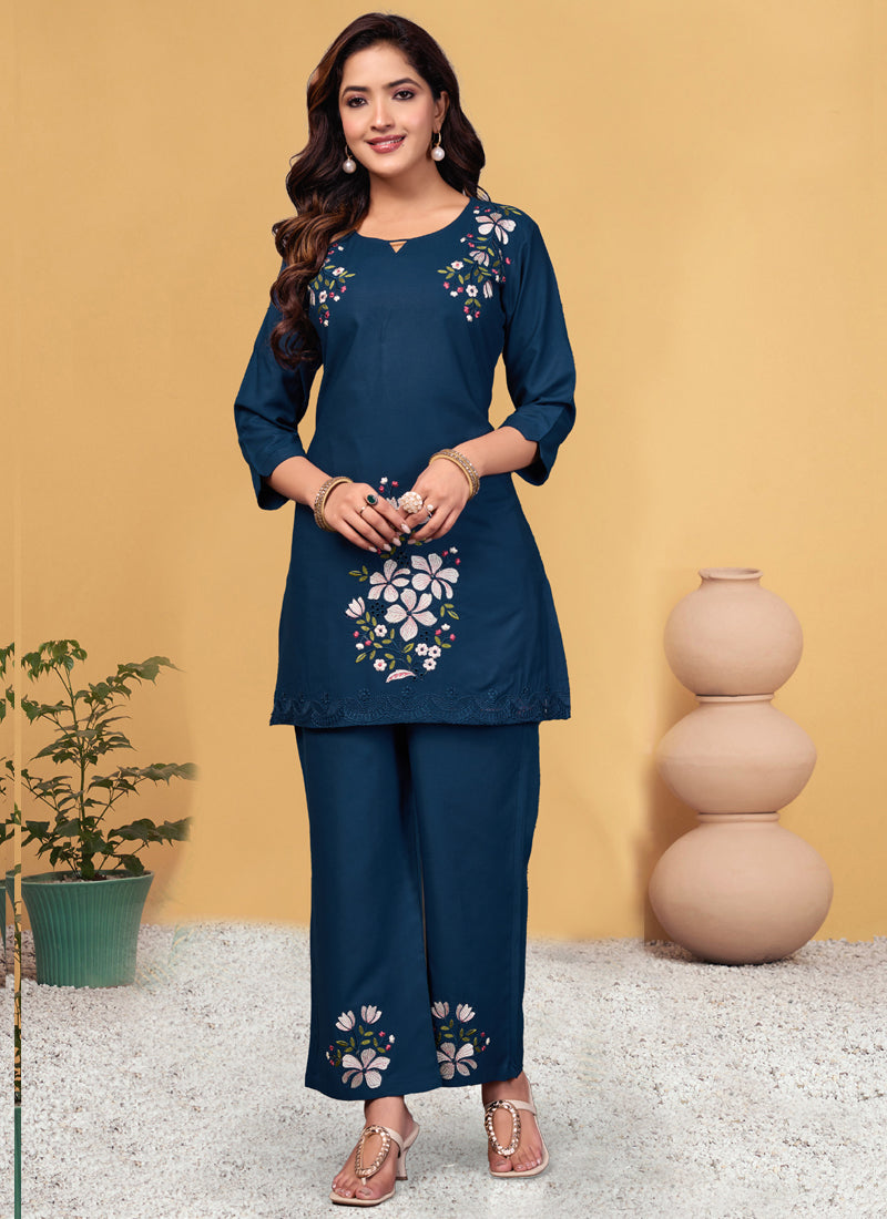 Prazu Fashion Blue Rayon Embroidery Thread Work Co-Ords Set