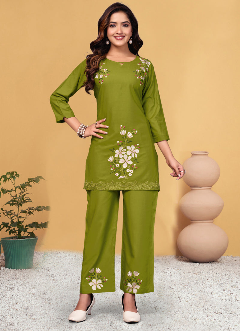 Prazu Fashion Mahendi Rayon Embroidery Thread Work Co-Ords Set - Distacart