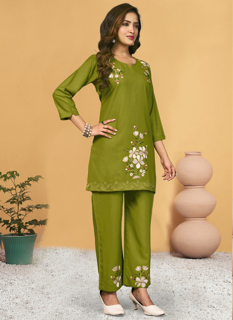 Prazu Fashion Mahendi Rayon Embroidery Thread Work Co-Ords Set - Distacart