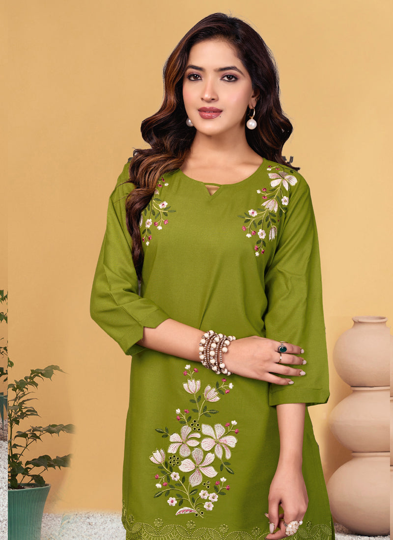 Prazu Fashion Mahendi Rayon Embroidery Thread Work Co-Ords Set