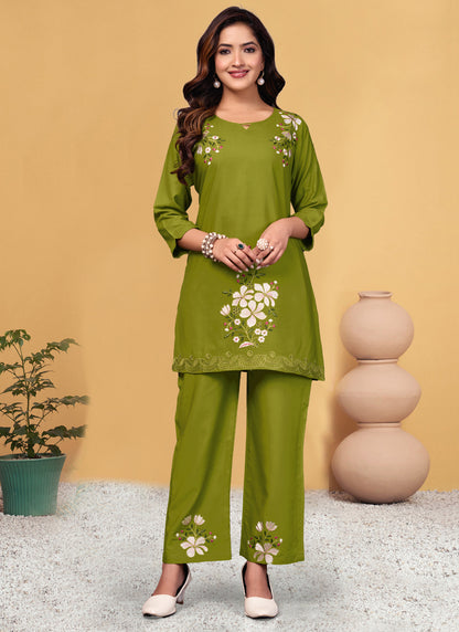 Prazu Fashion Mahendi Rayon Embroidery Thread Work Co-Ords Set - Distacart