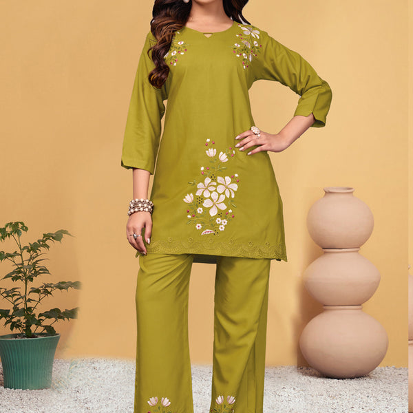 Prazu Fashion Mustard Rayon Embroidery Thread Work Co-Ords Set