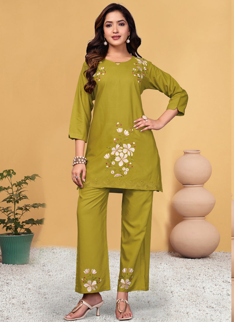 Prazu Fashion Mustard Rayon Embroidery Thread Work Co-Ords Set - Distacart