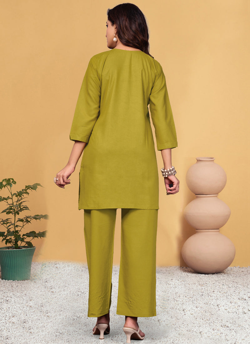 Prazu Fashion Mustard Rayon Embroidery Thread Work Co-Ords Set