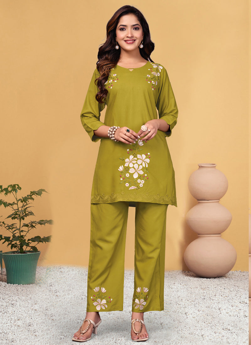 Prazu Fashion Mustard Rayon Embroidery Thread Work Co-Ords Set - Distacart
