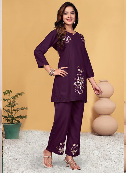 Prazu Fashion Wine Rayon Embroidery Thread Work Co-Ords Set - Distacart