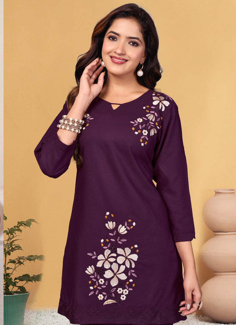 Prazu Fashion Wine Rayon Embroidery Thread Work Co-Ords Set - Distacart