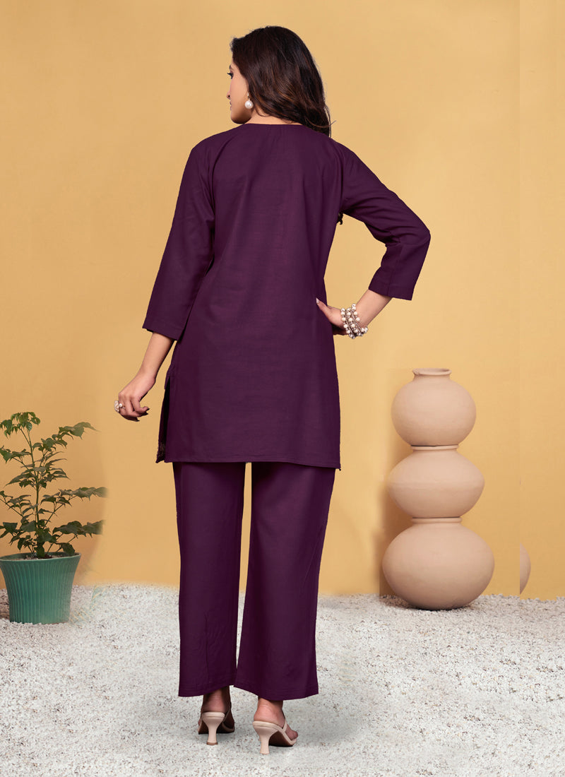Prazu Fashion Wine Rayon Embroidery Thread Work Co-Ords Set - Distacart