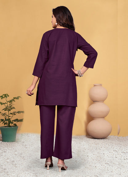 Prazu Fashion Wine Rayon Embroidery Thread Work Co-Ords Set - Distacart