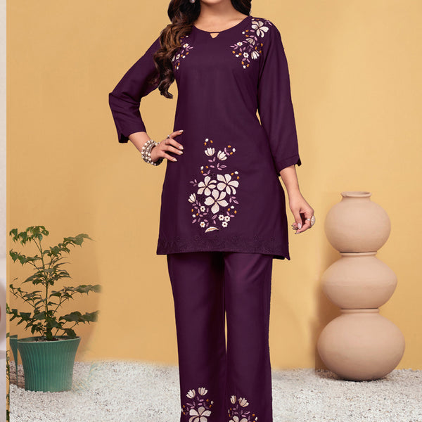 Prazu Fashion Wine Rayon Embroidery Thread Work Co-Ords Set