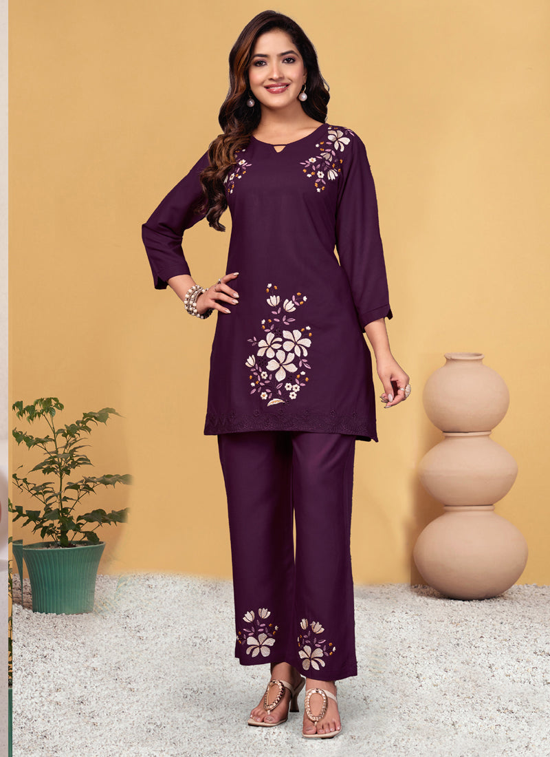 Prazu Fashion Wine Rayon Embroidery Thread Work Co-Ords Set - Distacart