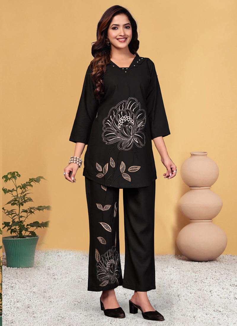 Prazu Fashion Black Viscose Rayon Embroidery Thread Work Co-Ords Set