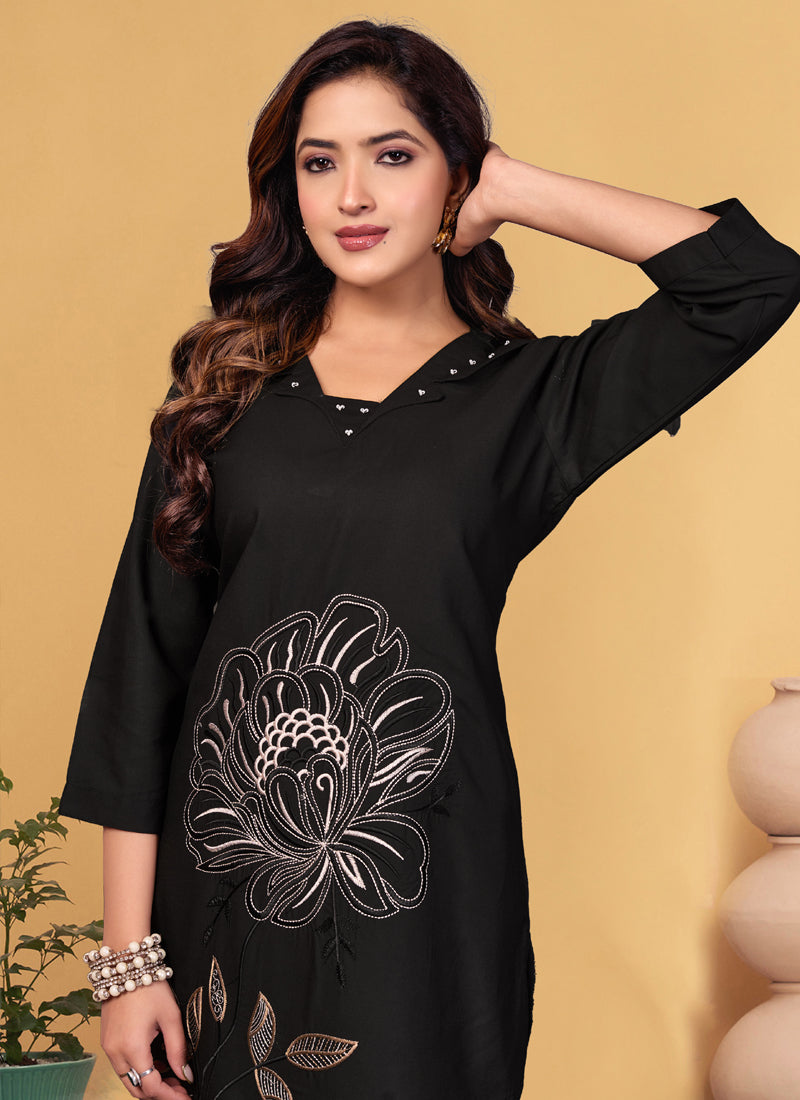 Prazu Fashion Black Viscose Rayon Embroidery Thread Work Co-Ords Set