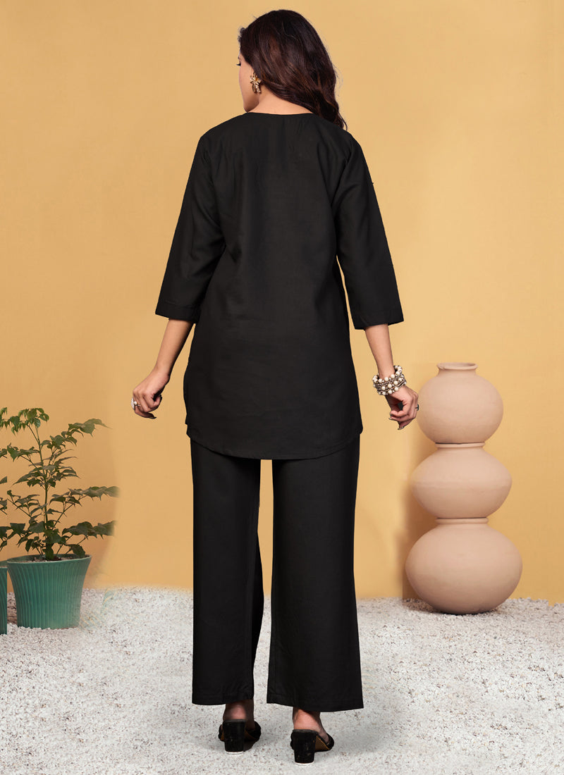 Prazu Fashion Black Viscose Rayon Embroidery Thread Work Co-Ords Set