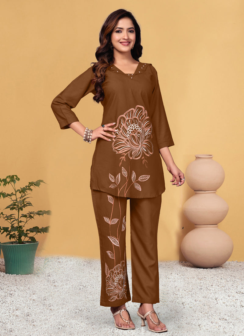 Prazu Fashion Brown Viscose Rayon Embroidery Thread Work Co-Ords Set