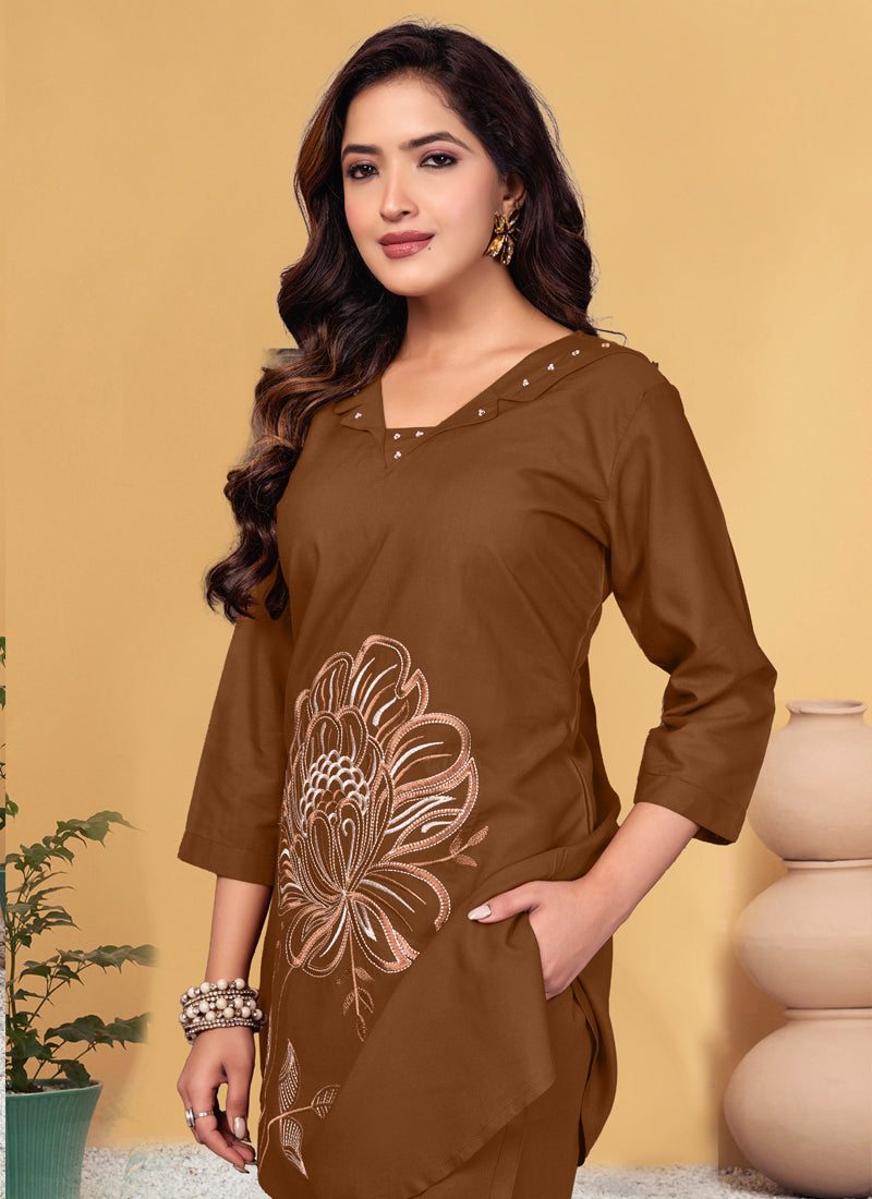 Prazu Fashion Brown Viscose Rayon Embroidery Thread Work Co-Ords Set