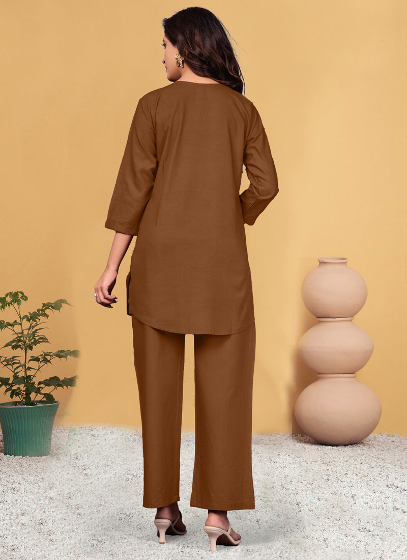 Prazu Fashion Brown Viscose Rayon Embroidery Thread Work Co-Ords Set